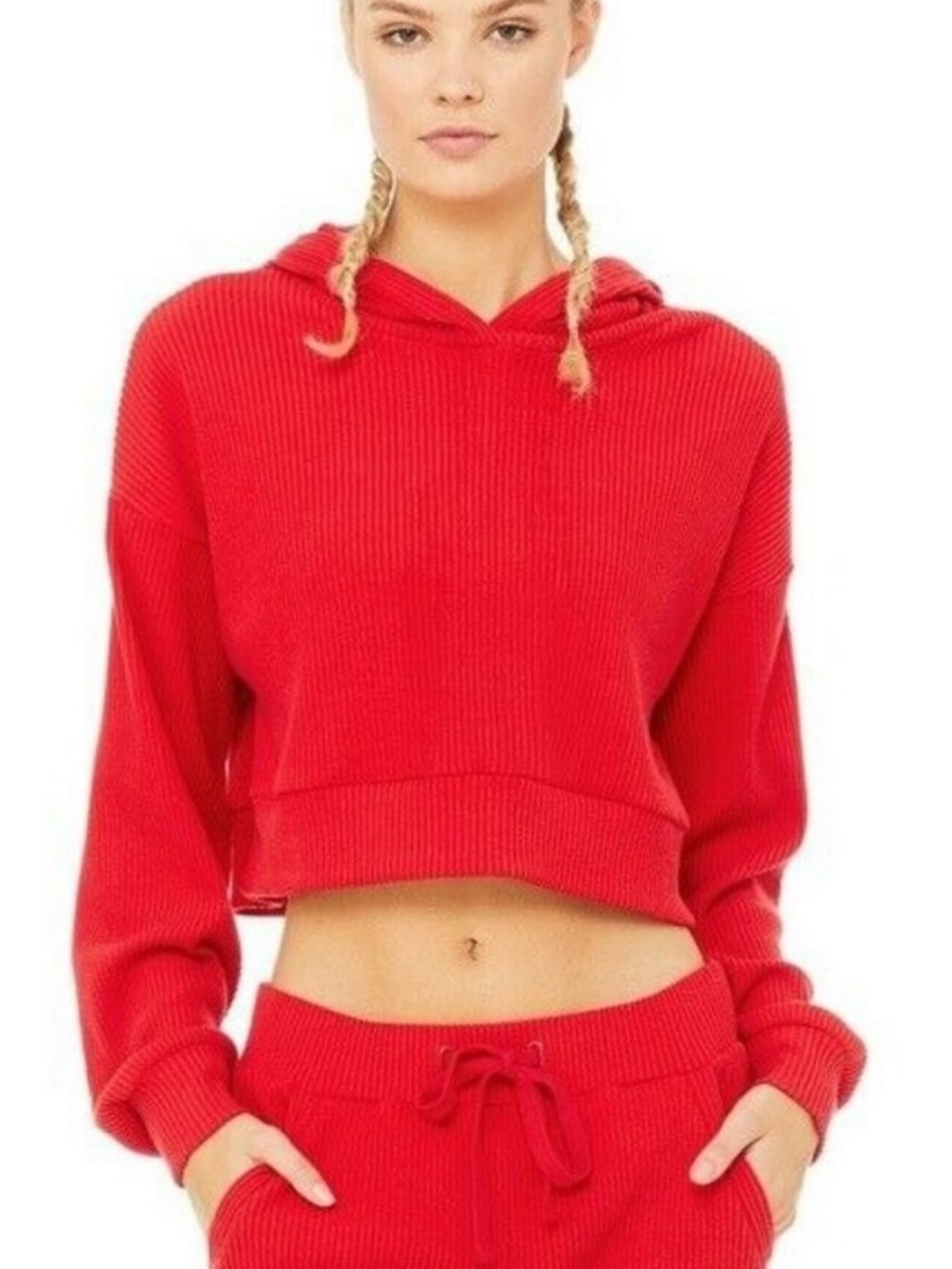 ALO Yoga Muse Hoodie Cropped Ribbed Scarlet Red Size Small